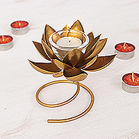 Steel and iron tealight holder, 'Lotus Flame in Gold' - Handmade Steel & Iron Lotus Flower Tealight Holder in Gold