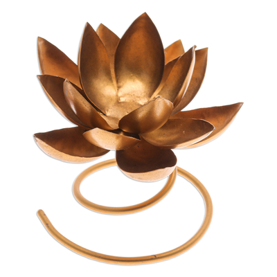 Steel and iron tealight holder, 'Lotus Flame in Gold' - Handmade Steel & Iron Lotus Flower Tealight Holder in Gold