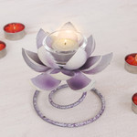 Steel and iron tealight holder, 'Lotus Flame in Purple' - Handmade Steel & Iron Lotus Flower Tealight Holder in Purple