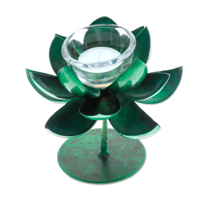 Steel tealight holder, 'Lotus Benison in Green' - Handmade Lotus-Shaped Metallic Green Steel Tealight Holder