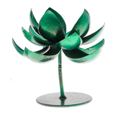 Steel tealight holder, 'Lotus Benison in Green' - Handmade Lotus-Shaped Metallic Green Steel Tealight Holder