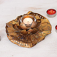Iron tealight holder, 'Heaven's Lotus' - Golden-Toned Lotus-Themed Iron Tealight Candleholder
