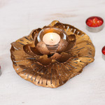 Iron tealight holder, 'Heaven's Lotus' - Golden-Toned Lotus-Themed Iron Tealight Candleholder