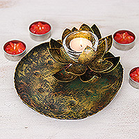 Iron tealight holder, 'Lotus in the Forest' - Thai Antiqued Lotus-Themed Iron Tealight Candleholder