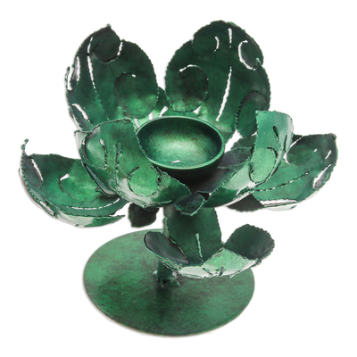 Iron tealight holder, 'Vitality Lotus' - Green Lotus-Themed Iron Tealight Candleholder from Thailand