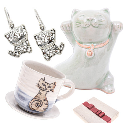 Curated Cat Gift Set with Earrings Figurine Cup and Saucer - Cat Lover