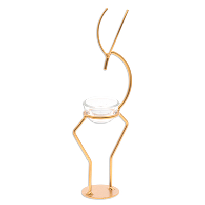 Iron tealight holder, 'Deer Splendor in Gold' - Handcrafted Iron Deer Tealight Holder in Gold Shade