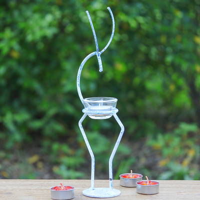 Iron tealight holder, 'Deer Splendor in Blue' - Iron Deer Tealight Holder in White and Blue from Thailand