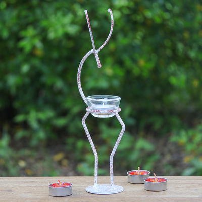 Teelichthalter aus Eisen - Eisen-Hirsch-Teelichthalter in Weiß und Rot aus Thailand