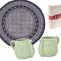 Curated gift set, 'Elephant Dining' - Elephant-Themed Curated Gift Set with Tablecloth and 2 Mugs