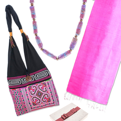 Curated gift set, 'Something Pink' - Cotton Bag Silk Scarf Eco-Friendly Necklace Curated Gift Set