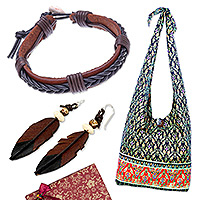 Set de regalo seleccionado - Set de regalo seleccionado con pulsera y aretes de cuero con bolsa de algodón