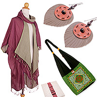 Set de regalo seleccionado, 'Moda tailandesa': set de regalo seleccionado de 4 artículos con bufanda, chaqueta, aretes y bolso
