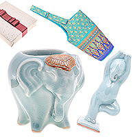 Curated gift set, 'Yoga Meditation' - Handcrafted Celadon Ceramic and Cotton Curated Gift Set