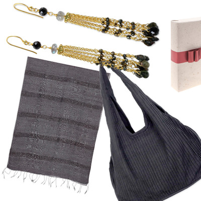 Curated gift set, 'Evening Elegance' - Curated Gift Set with Gold-Plated Earrings Bag and Scarf