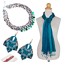Curated gift set, 'The Teal I Love' - Teal-Toned Gemstone and Silk Curated Gift Set from Thailand