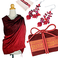 Curated gift set, 'Trendy Red' - Curated Gift Set with Shawl Earrings and jewellery Roll in Red