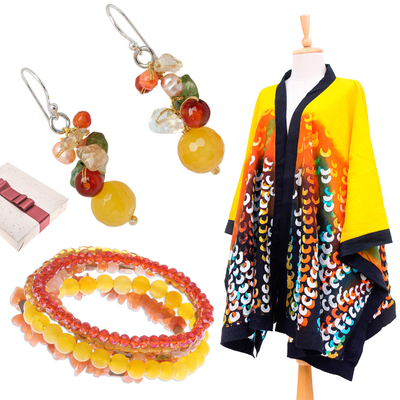 Curated gift set, 'Sun Splendor' - Yellow Kimono Jacket Earrings & 5 Bracelets Curated Gift Set