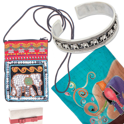 Curated gift set, 'Elephant Love' - Elephant-Themed Bracelet Scarf & Sling Bag Curated Gift Set