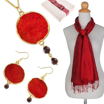 Curated gift set, 'Fire Orchid' - Curated Gift Set with Necklace Earrings and Scarf in Red