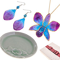 Curated gift set, 'Orchid Charm' - Orchid Necklace Earrings and Catchall Dish Curated Gift Set