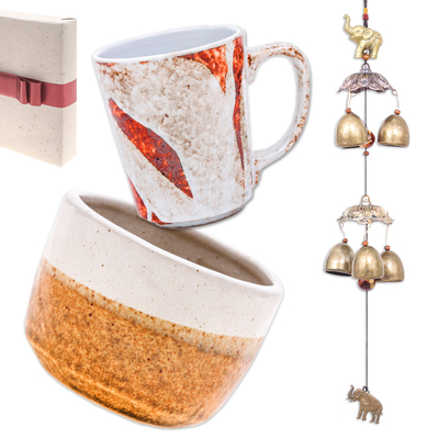 Kuratiertes Geschenkset - Kuratiertes Geschenkset mit Windspiel, Keramik-Übertopf und Tasse