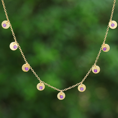 Gold-plated amethyst charm necklace, 'Everyday Wise' - Adjustable Matte 18k Gold-Plated Amethyst Charm Necklace