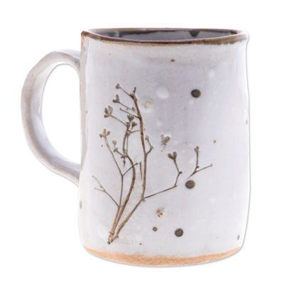 Ceramic mug, 'Natural Core' - Handcrafted Leafy Brown and White Crackled Ceramic Mug