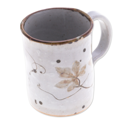 Taza de ceramica - Taza de cerámica craquelada floral marrón y crema hecha a mano