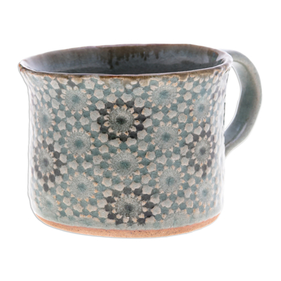 Ceramic cup, 'Floral Burst' - Crackled Finished Floral Turquoise Ceramic Cup from Thailand