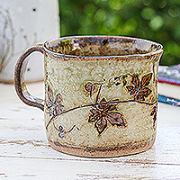 Taza de cerámica, 'Thai Eden in Brown' - Taza de cerámica marrón frondosa con acabado craquelado de Tailandia