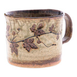 Ceramic cup, 'Thai Eden in Brown' - Crackled Finished Leafy Brown Ceramic Cup from Thailand