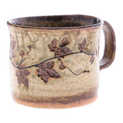 Ceramic cup, 'Thai Eden in Brown' - Crackled Finished Leafy Brown Ceramic Cup from Thailand