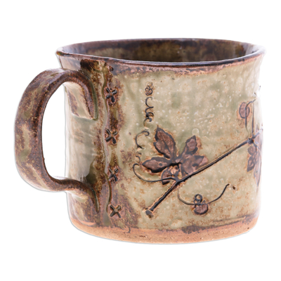Ceramic cup, 'Thai Eden in Brown' - Crackled Finished Leafy Brown Ceramic Cup from Thailand