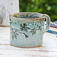 Taza de cerámica - Taza de cerámica verde y azul frondosa con acabado craquelado