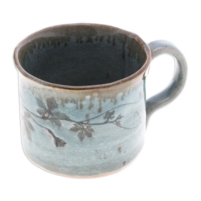 Ceramic cup, 'Thai Eden in Blue' - Crackled Finished Leafy Blue and Green Ceramic Cup