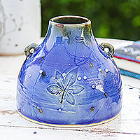 Jarrón de cerámica, 'Blue Mother Nature' - Jarrón de cerámica azul hecho a mano inspirado en la naturaleza con motivos frondosos