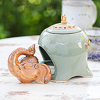 Ceramic oil warmer, 'The Giant's Green Palace' - Crackled Elephant-Themed Green Ceramic Oil Warmer