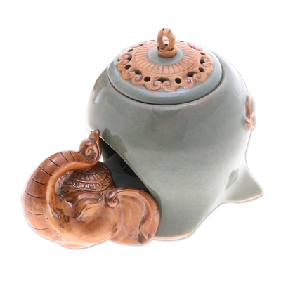 Calentador de aceite de cerámica - Calentador de aceite de cerámica verde con temática de elefante craquelado