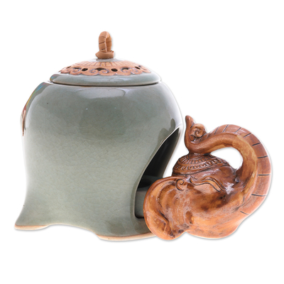 Ölwärmer aus Keramik - Ölwärmer aus grüner Keramik mit Crackle-Elefanten-Motiv