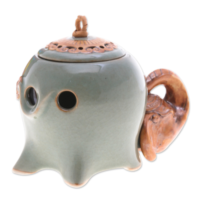 Ölwärmer aus Keramik - Ölwärmer aus grüner Keramik mit Crackle-Elefanten-Motiv
