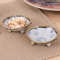 Cuencos de cerámica, 'Zen Floral Delights' (par) - Par de cuencos de cerámica florales hechos a mano en azul y blanco