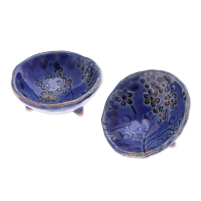Cuencos de cerámica, (par) - Par de cuencos de cerámica florales hechos a mano en tonos azules