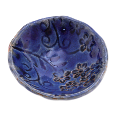 Keramikschalen, (Paar) - Paar handgefertigte florale Keramikschalen in Blautönen