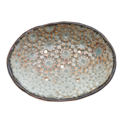 Ceramic soap dish, 'Delicated Spring' - Floral Green and Brown Ceramic Soap Dish from Thailand