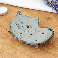 Jabonera de cerámica, 'Happy Feline' - Jabonera de cerámica esmaltada en forma de felino hecha en Tailandia