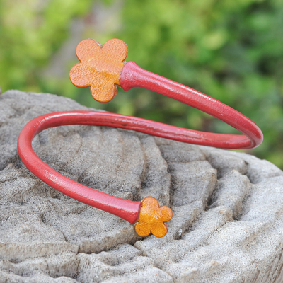 Leather wrap bracelet, 'Floral Embrace in Red' - Handcrafted Floral Red and Orange Leather Wrap Bracelet