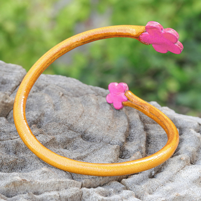Pulsera cruzada de cuero - Pulsera envolvente de cuero floral amarillo y rosa hecha a mano