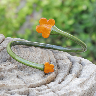 Leather wrap bracelet, 'Floral Embrace in Green' - Handcrafted Floral Green and Orange Leather Wrap Bracelet