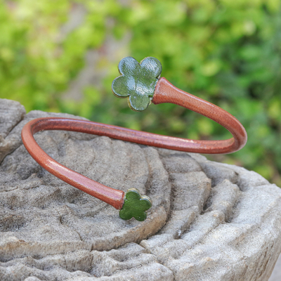 Leather wrap bracelet, 'Floral Embrace in Brown' - Handcrafted Floral Brown and Green Leather Wrap Bracelet
